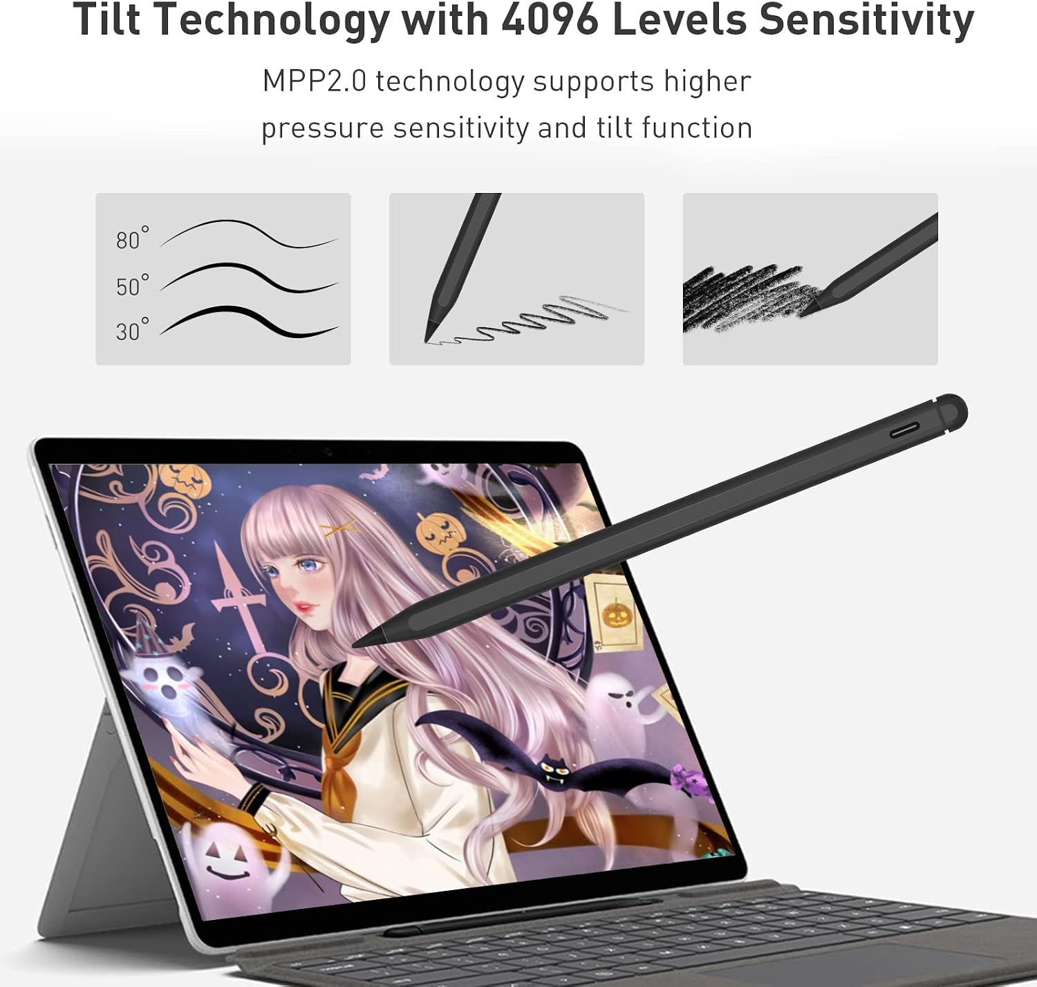 Pen Stylus for Surface Pro 8/X/7+/6/5/4/3, Surface Go 3/2/1, Surface Laptop/Studio/Book 4/3/2/1 with Palm Rejection, USB-C Charging, 4096 Pressure Sensitivity, Magnetic Attachment