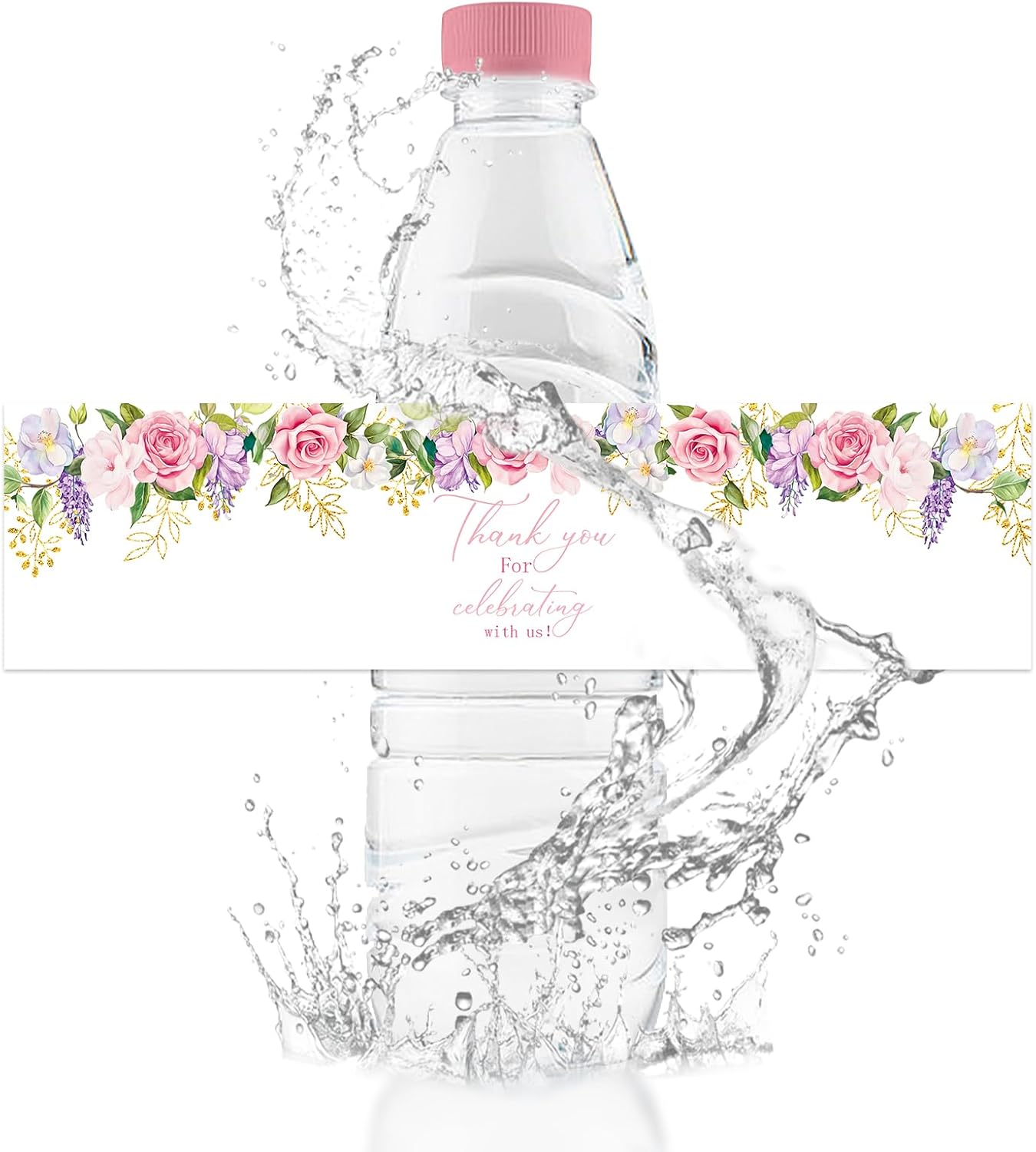 50Pcs Water Bottle Labels,Hot Stamping Pink Flowers Water Bottle Stickers Waterproof Drinks Bottle Wrappers for Wedding Birthday Baby Shower