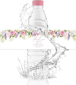 50Pcs Water Bottle Labels,Hot Stamping Pink Flowers Water Bottle Stickers Waterproof Drinks Bottle Wrappers for Wedding Birthday Baby Shower
