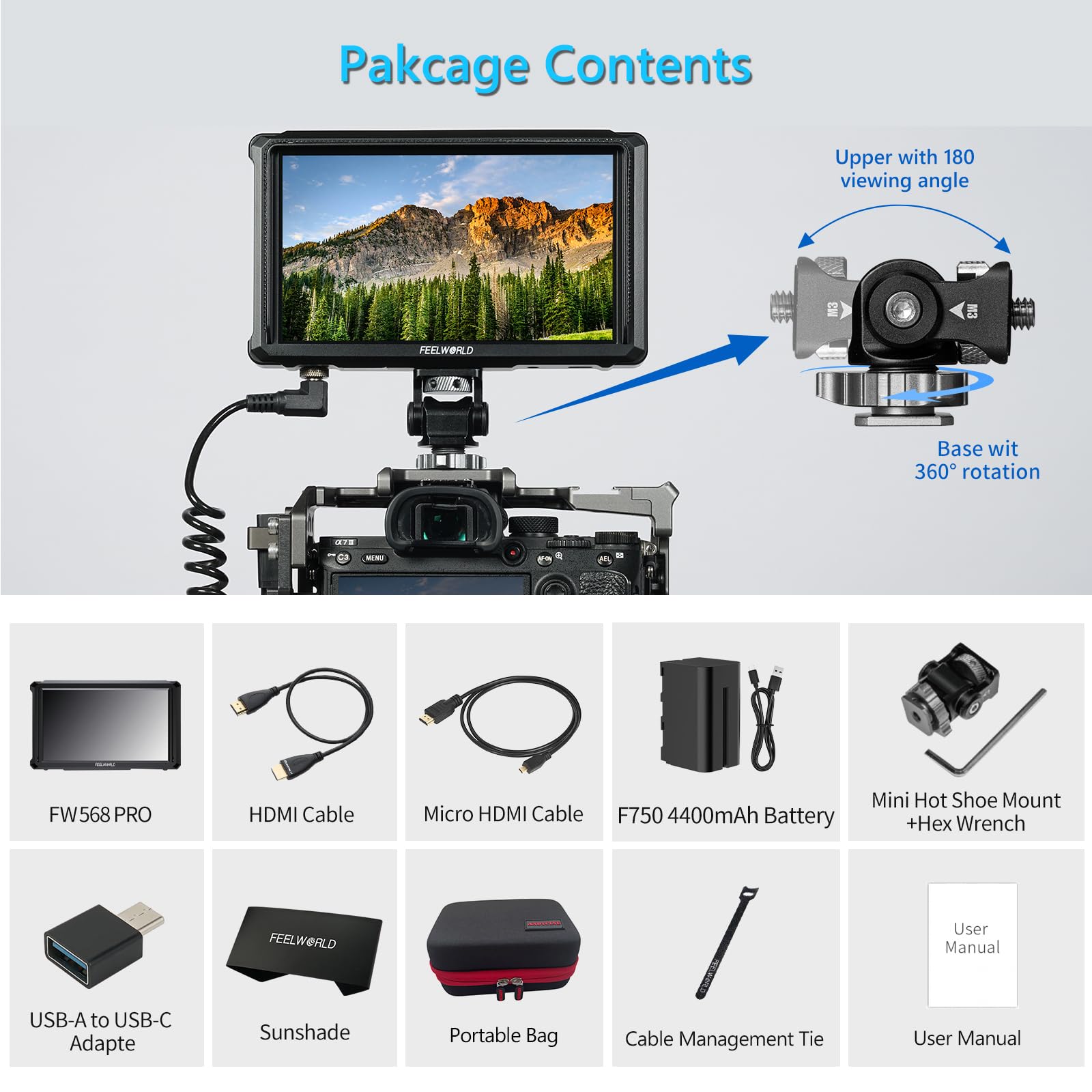 FEELWORLD FW568 PRO 6 1200nits Monitor da campo per fotocamera da pollici, 1920x1080 1200nit DSLR Video Monitor con 4K HDMI in/out, forma d'onda, LUT 3D, include batteria F750 4400mAh e borsa per il