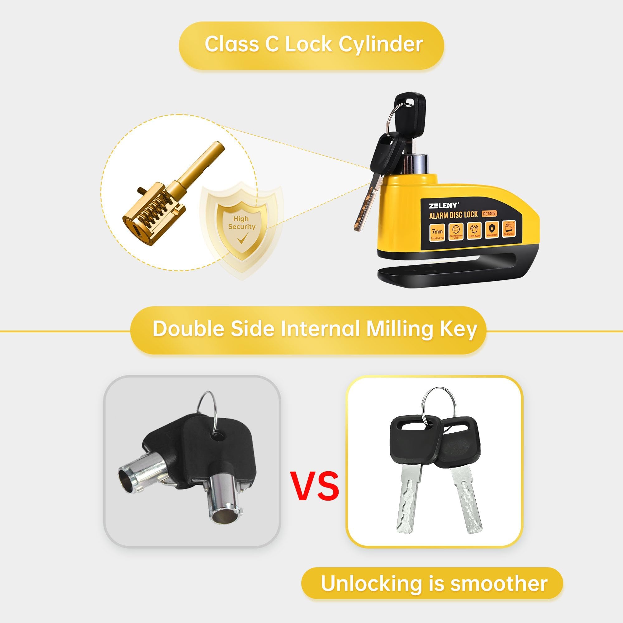 Alarm Motorcycle Lock - Anti Theft Disc Brake Lock, 110dB, 7mm Pin, Waterproof, Heavy Duty with Reminder Cable and Carry Pouch