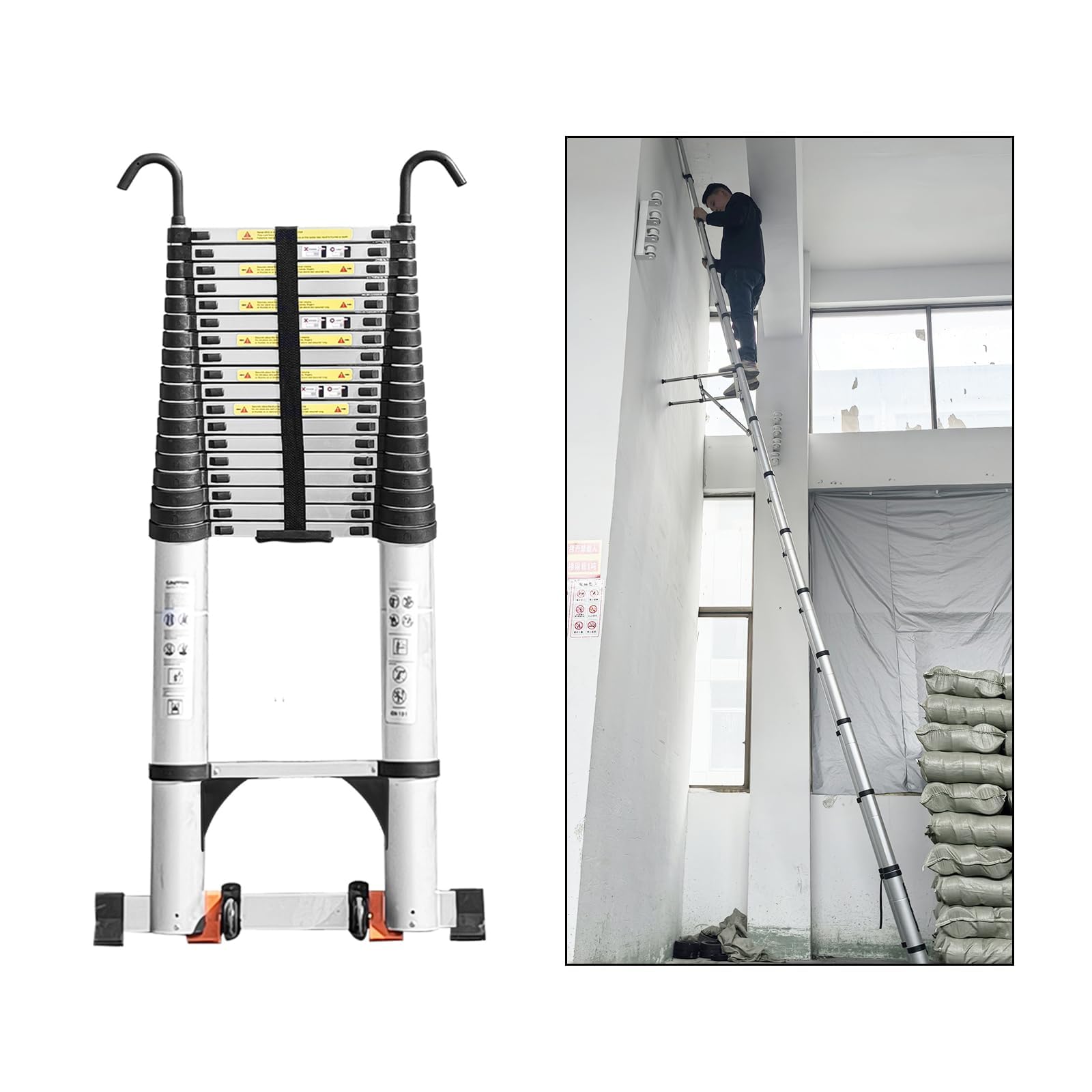 JADDUO 27.9FT Telescoping Ladder Aluminum Lightweight Extension Ladder with 2 Triangle Stabilizers Collapsible Attic & RV Travel Ladder for Home &