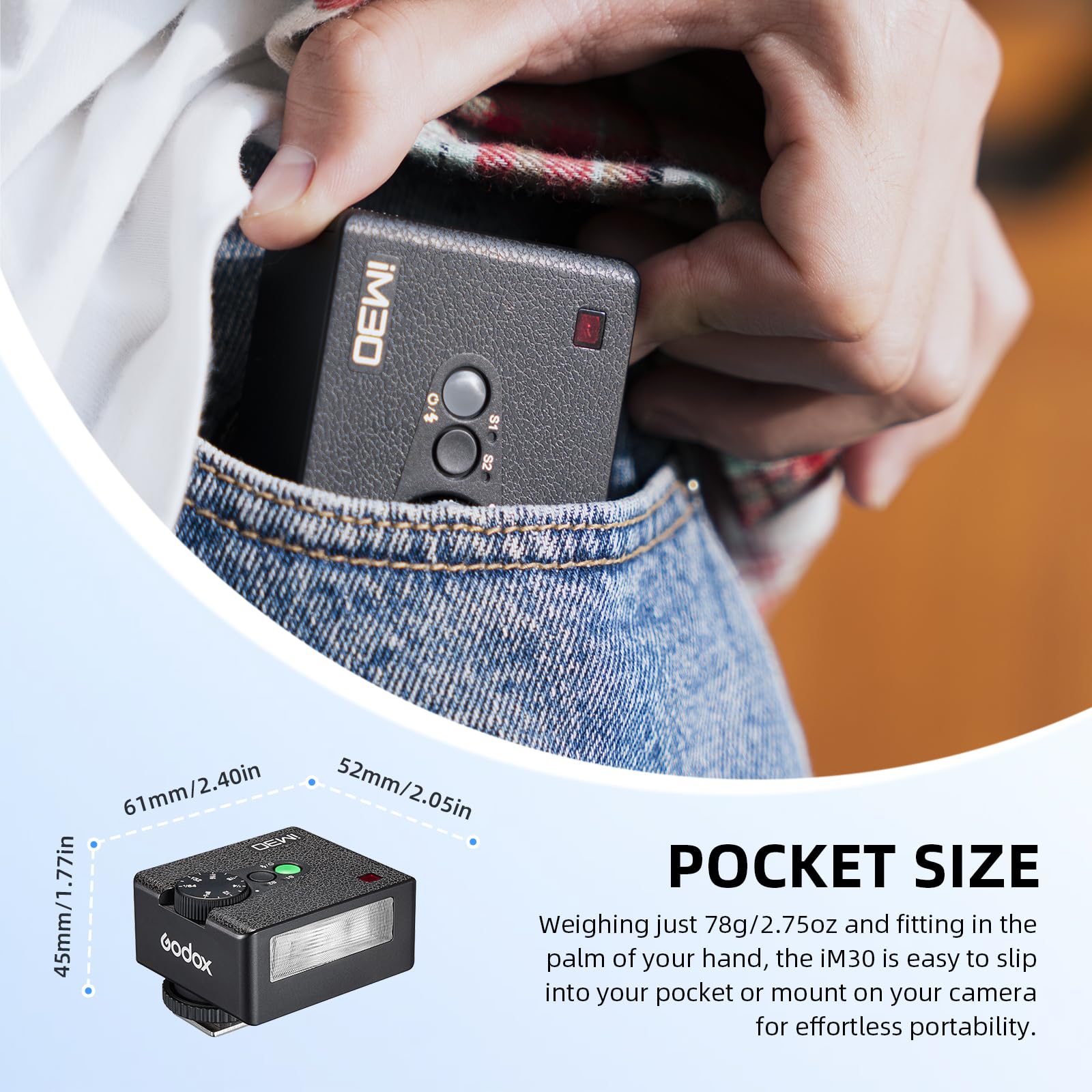 GODOX iM30 Mini Flash GN15 CCT 6500K Tempo di Riciclo 3.6s iFlash con 7 Livelli Potenza, On-Camera Flash Speedlite per Sony Canon Nikon Fuji Olympus Fotocamere