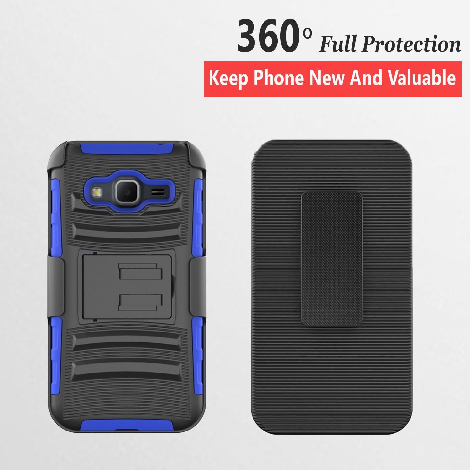 Circlemalls Built-in Kickstand Phone Case Compatible for Samsung Galaxy Grand Prime, Galaxy J2 Prime, with [Premium HD Screen Protector] Combo Holster Shockproof Drop Protection and Stylus Pen-Blue
