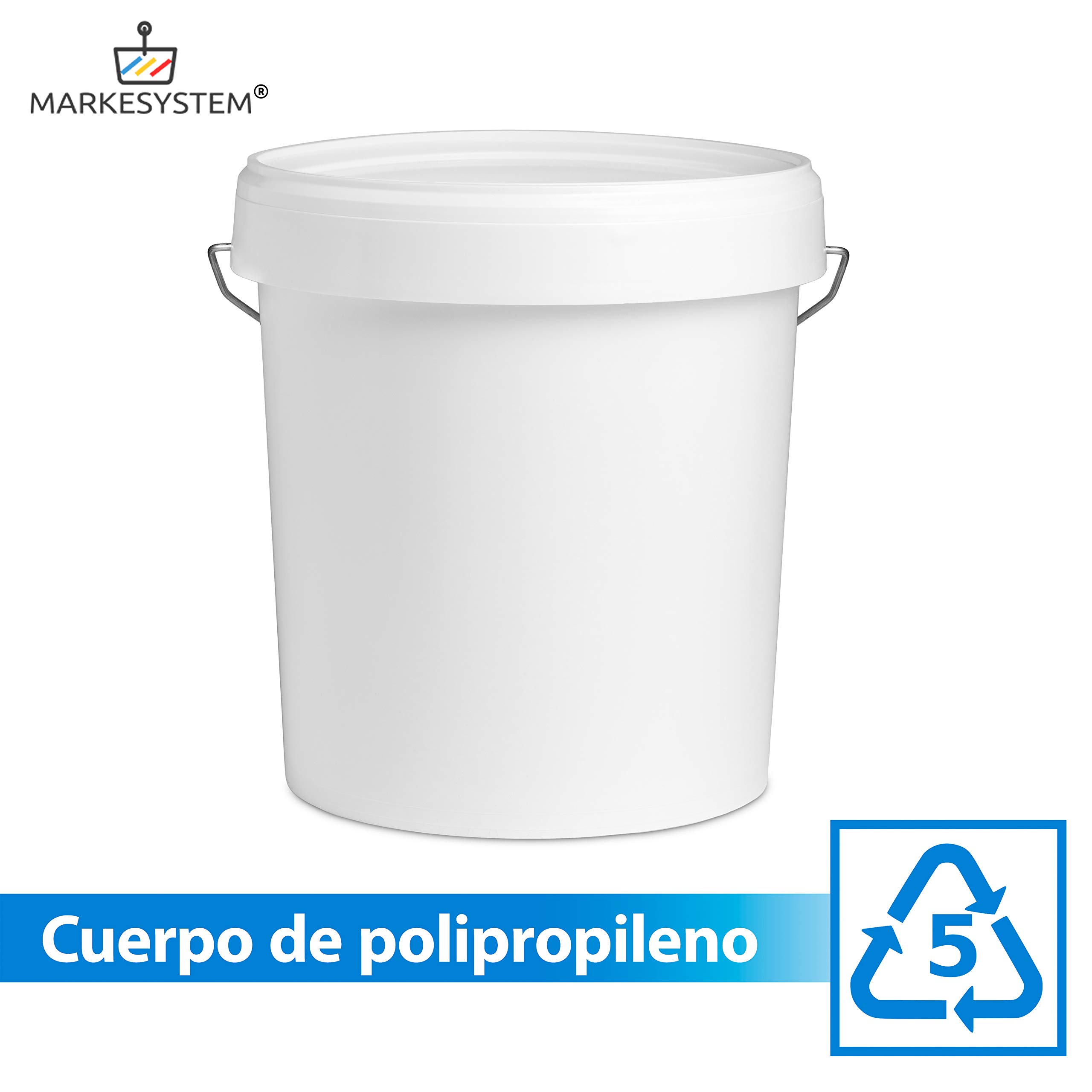 MARKESYSTEM - Cubo VACIO Industrial Pack de 5 x 17,9 litros - Contenedores Hermeticos de Plástico con Tapa - Almacenaje de Sólidos, Líquidos y Pinturas - Polipropileno Blanco + Kit Etiquetado