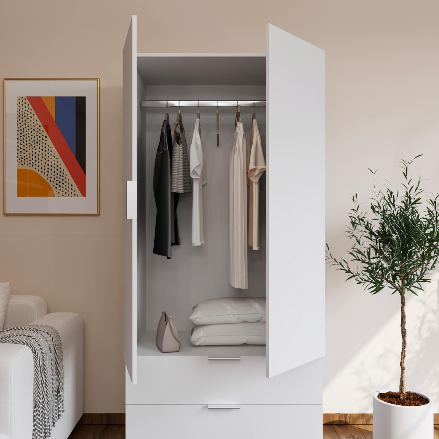 EGLEMTEK Armadio Santa Clara Armadietto Multiuso Per Camera Da Letto Con appendiabiti 2 Ante Con Maniglie In Metallo e 2 Cassetti Ideale Per Arredare La Tua Stanza 180 x 81 x 52 Cm Colore Bianco