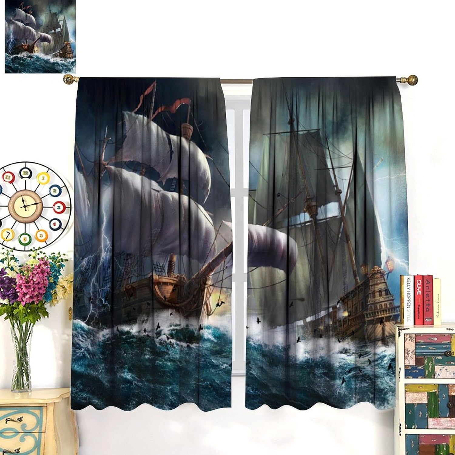 Brebasf Abstract Nautical Pirate Ship Blackout Curtains Vintage Mid Century Wooden Board Battleship Ocean Wave Window&Drapes Thermal Insulated Darkening Rod Pocket Curtains 2 Panels 63" L x 36" W