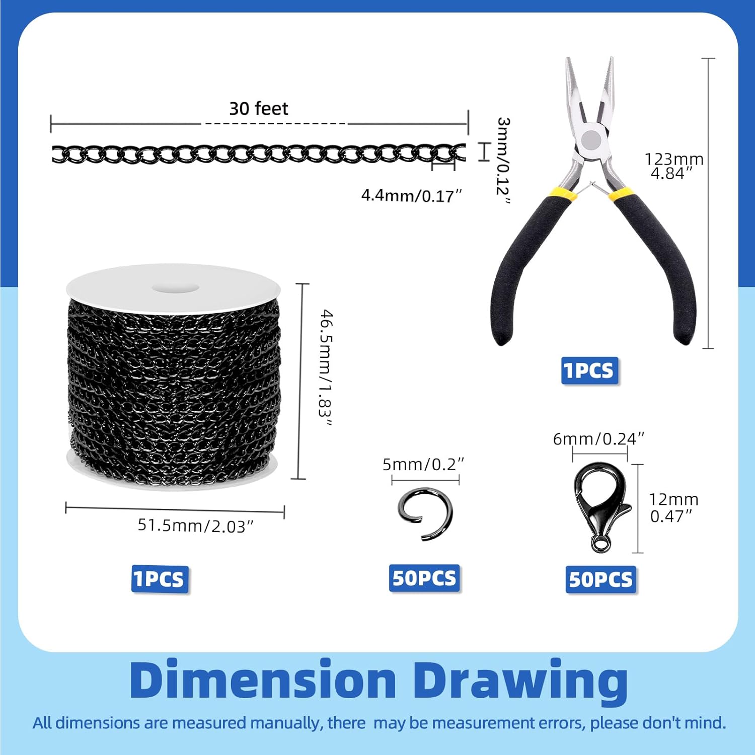 Glarks 102Pcs 30 Feet Jewelry Chains Set Black Cable Link Chains Link Rolls Bulk Twisted Links Chain Necklace Jewelry Making Chains with Lobster Clasps and Jump Rings for Necklace Jewelry Making - Image 2