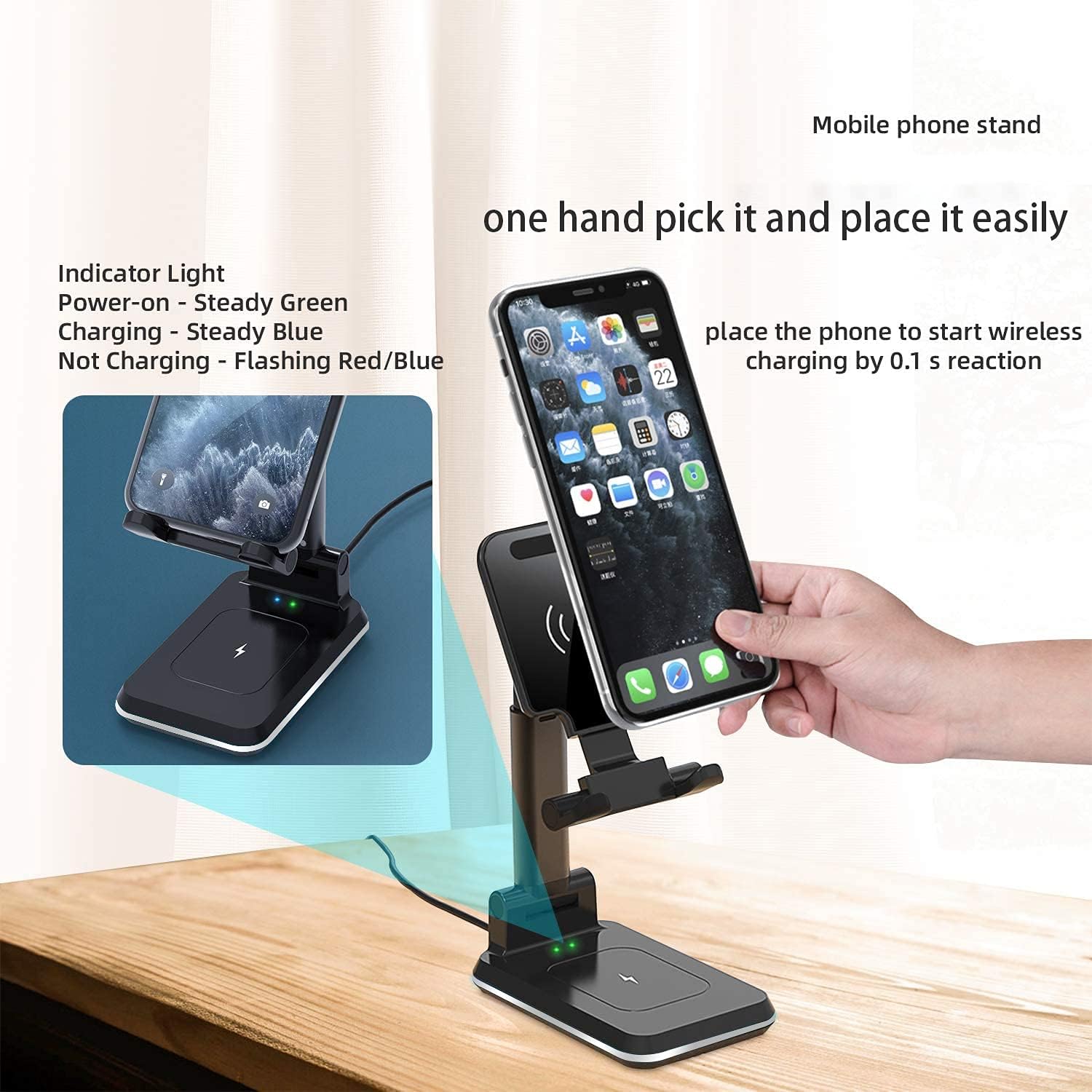 DM Wireless Phone Charger Stand for Desk, QI Fast Wireless Charging Station Desk Holder Phone Stand Compatible with iPhone 12/11/Pro/XS/Max/XR/X/8/8P, Samsung S10/S9/S8/Note10, Air Pod/Pro (Black)