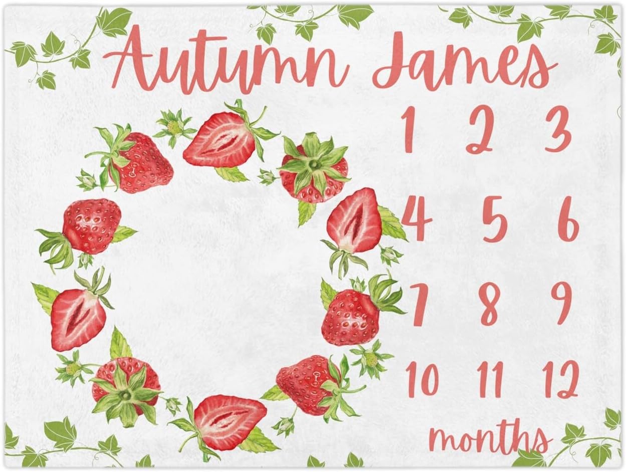 Personalized Baby Monthly Growth Marker Blanket for Girls, Strawberry Baby Blanket, Newborn Growth Tracker, Photo Backdrop, New Mom Gifts, Nursery Decor