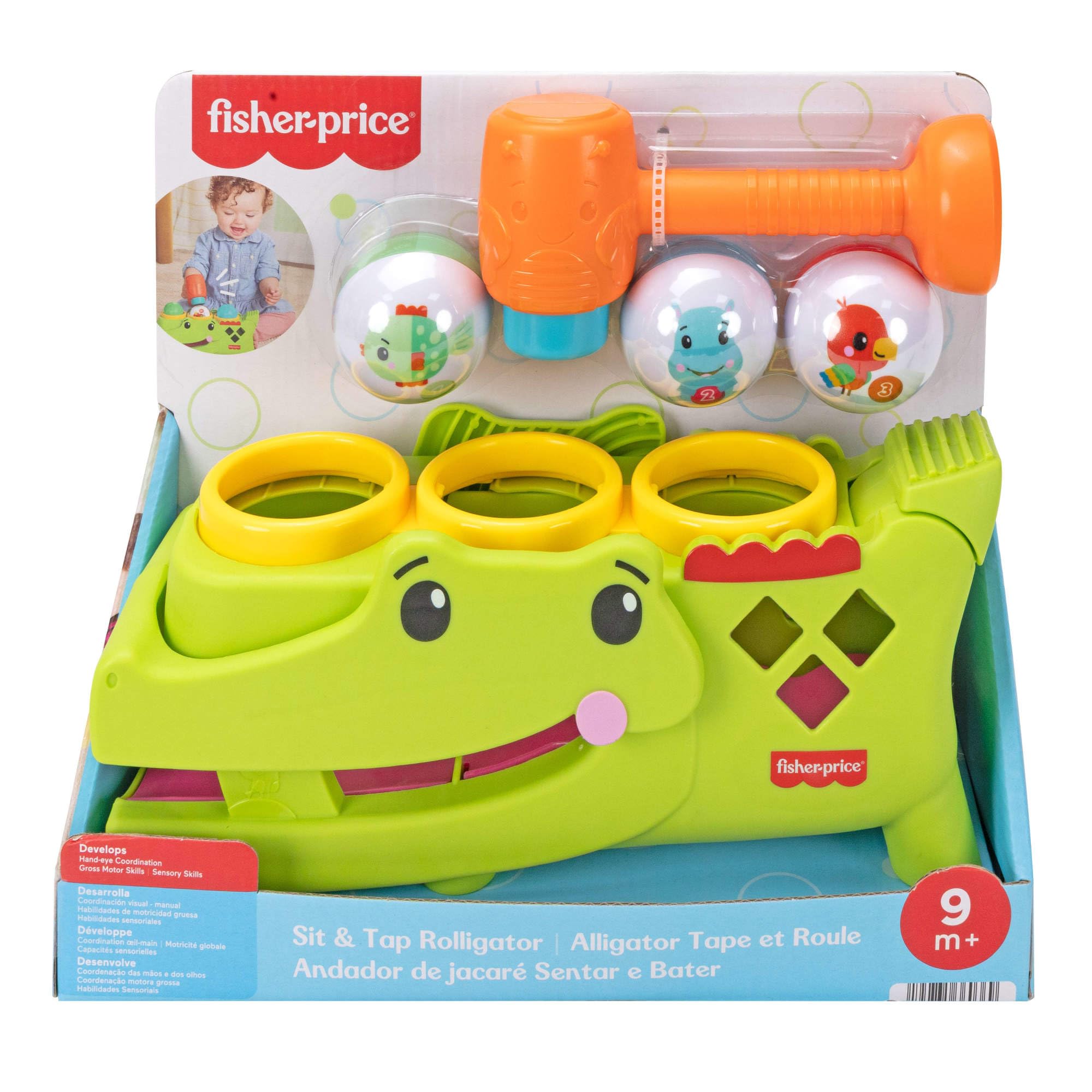 Fisher-Price Krokodyl Przebijanka aktywizująca z piłeczkami, zestaw zachęcający do raczkowania, młoteczek i 3 piłeczki, zabawka rozwojowa dla dzieci od 9 miesiąca życia, JLB94