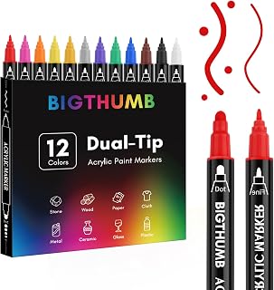 12 Colors Acrylic Paint Pens, Dual Tip Acrylic Paint Markers with Fine Tip and Dot Tip, Paint Markers for Painting Rock, Wood, Canvas, Glass, Ceramic, DIY Crafts Making Art Supplies