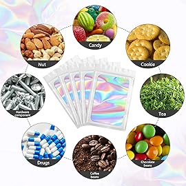 100 pcs Smell Proof Mylar Holographic Bags Packaging Bags, Resealable Odor Proof Bag Foil Pouch Zipper Bag for Food Storage (White, 4.7 x 7.9 Inch)