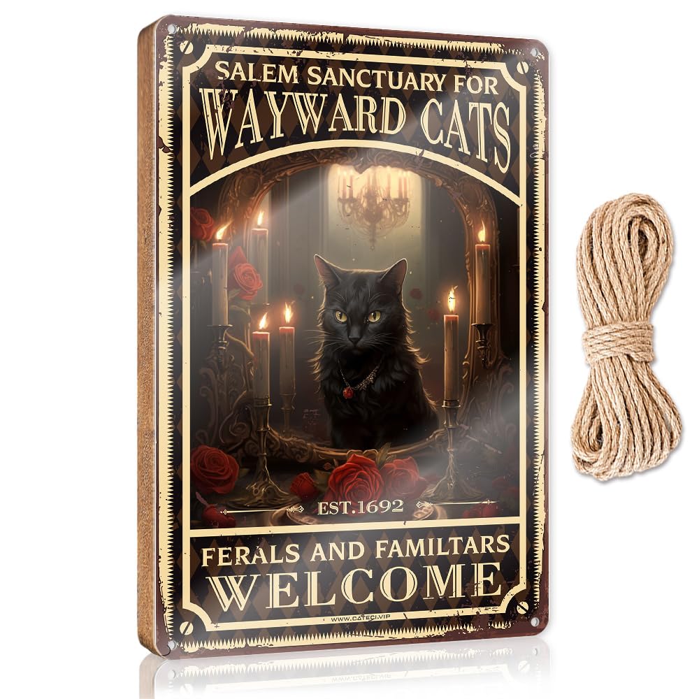 MAHQPZXSF Quote Wood Plaque Salem Sanctuary For Wayward Cats Poster Ferals And Familtars Welcome Wooden Sign Family Wall Decor Signs And Plaques(20X30CM)