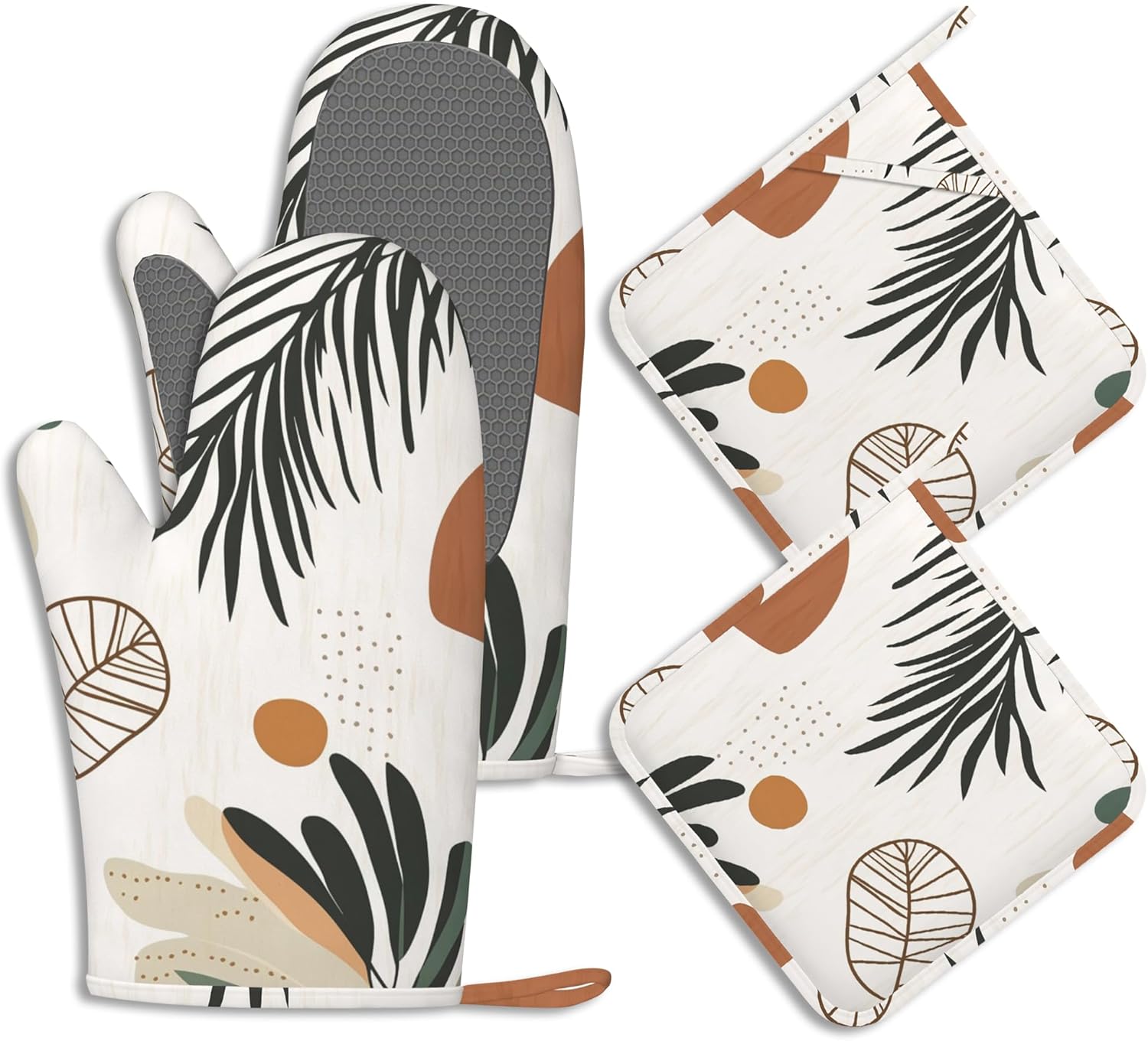 Boho Palm Leaf Potholders & Oven Mitts Sets Abstract Geometric Silicone Heat Resistant Oven Mits and Hot Pads Non-Slip Pot Holders Gloves for Kitchen Chef Cooking Baking Grilling BBQ