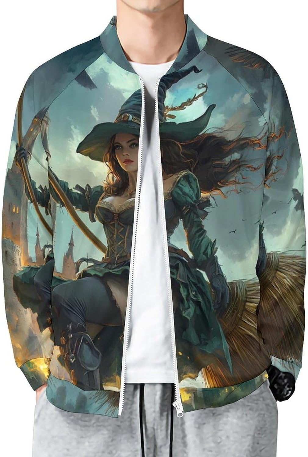 Witch Flying with A Broomstick Men's Zip Up Sweatshirt Casual Sweater Jackets Long Sleeve Tops Lightweight Coat
