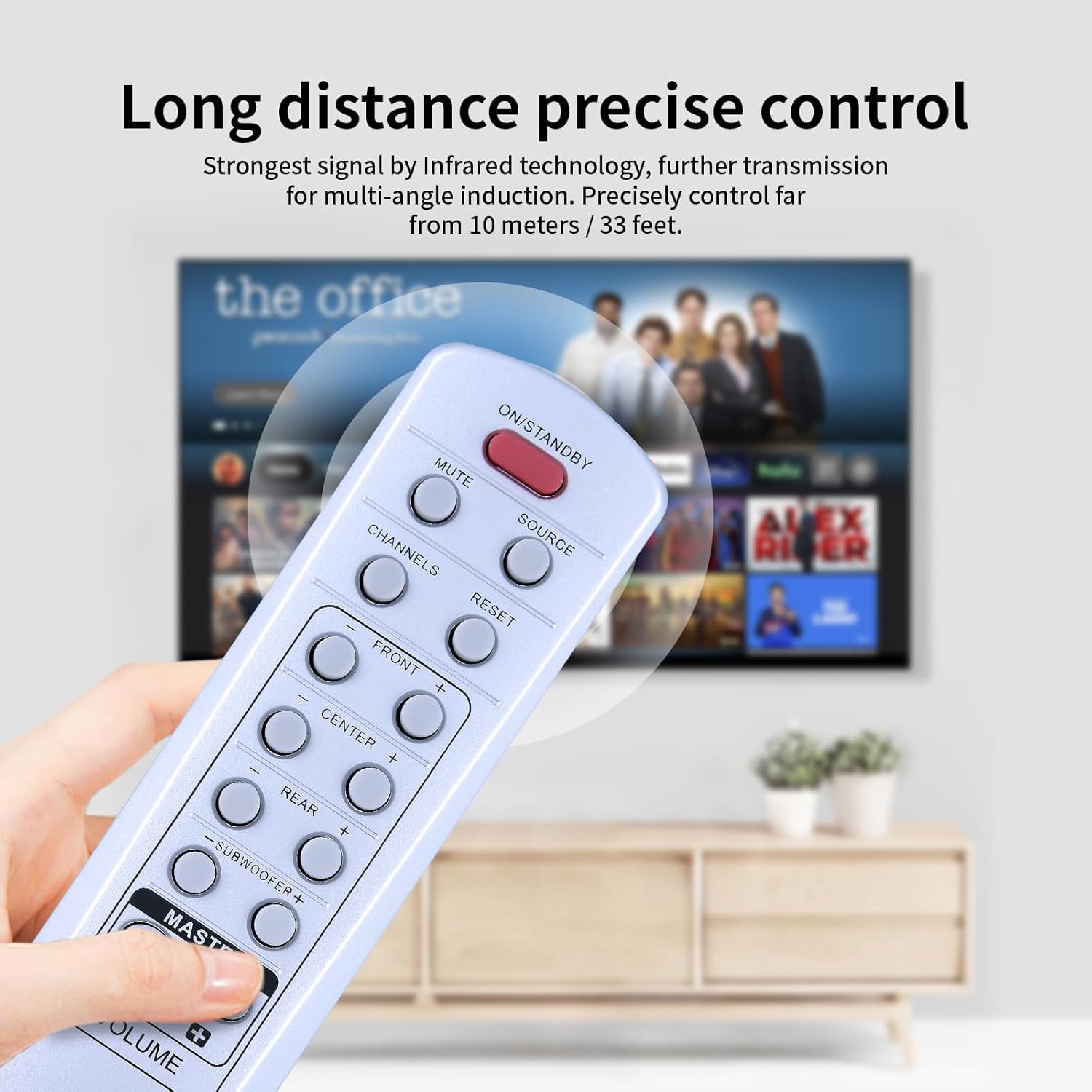 Person using the ZWP RC-39173N remote control to operate a television, demonstrating its long-distance precise control capability via infrared technology.