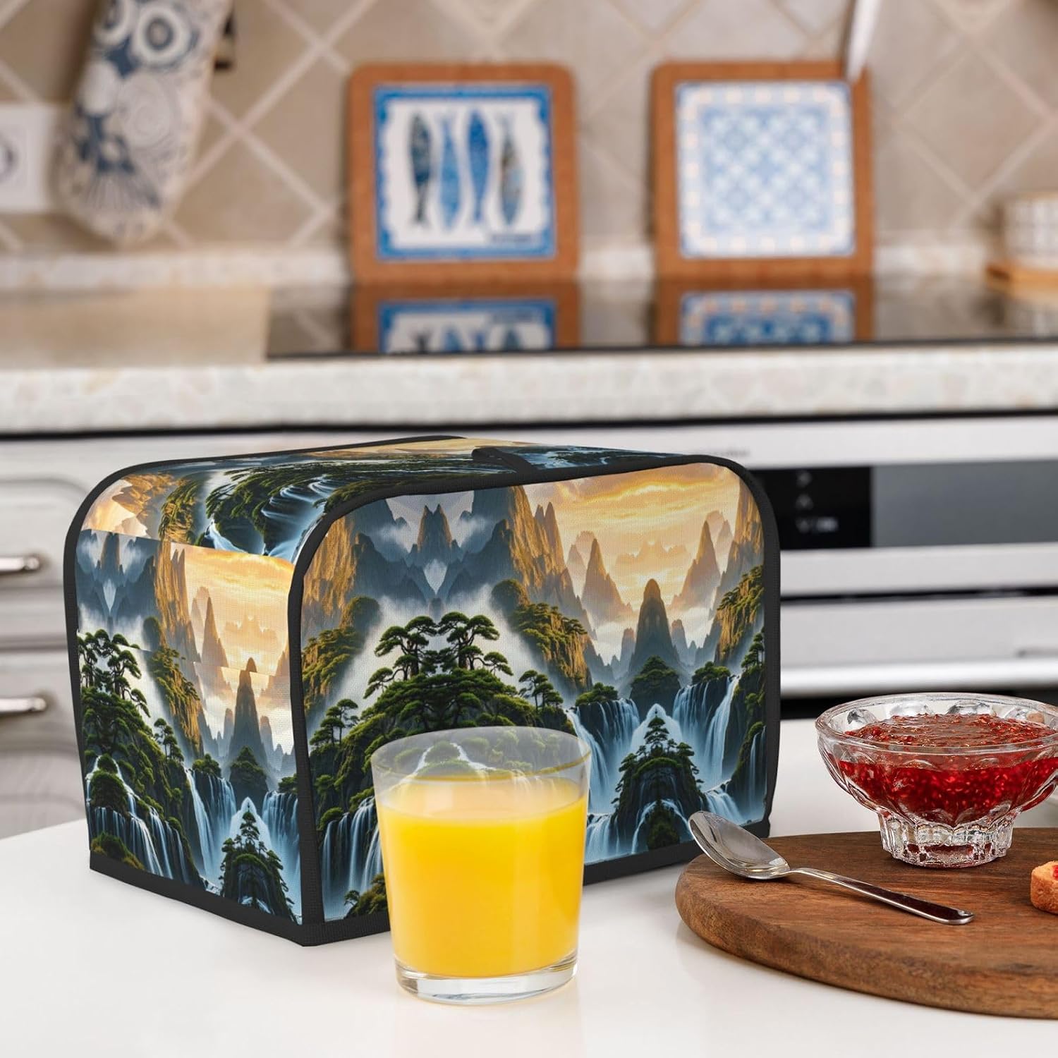 landscape Toaster Cover 2 Slice, Waterproof Bread Machine Covers with Pockets Universal Size Kitchen Small Appliance Cover with Handle, Dust and Fingerprint Protection