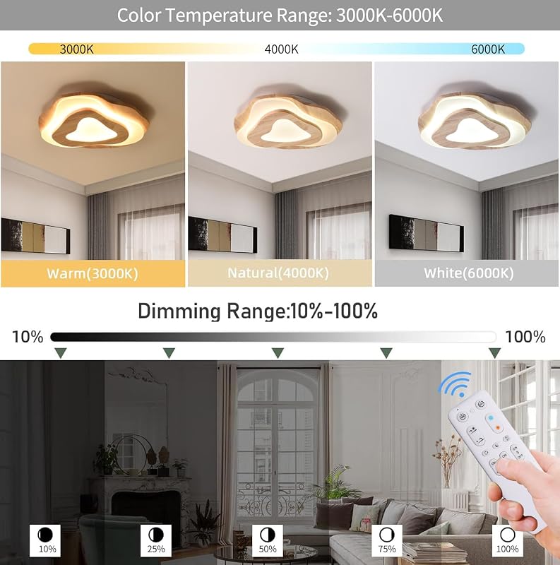 SENFAY 3 szintes LED mennyezeti lámpa tölgy színű fa dekorációval távirányítóval