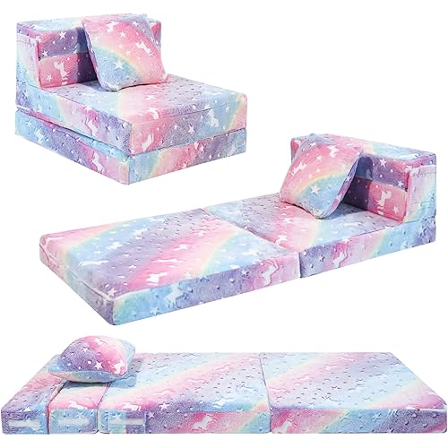 MeMoreCool Glow Rainbow Unicorn Tri-fold Sofa Bed for Kids, Foldable Futon Mattress, Chair, and Floor Couch for Playroom