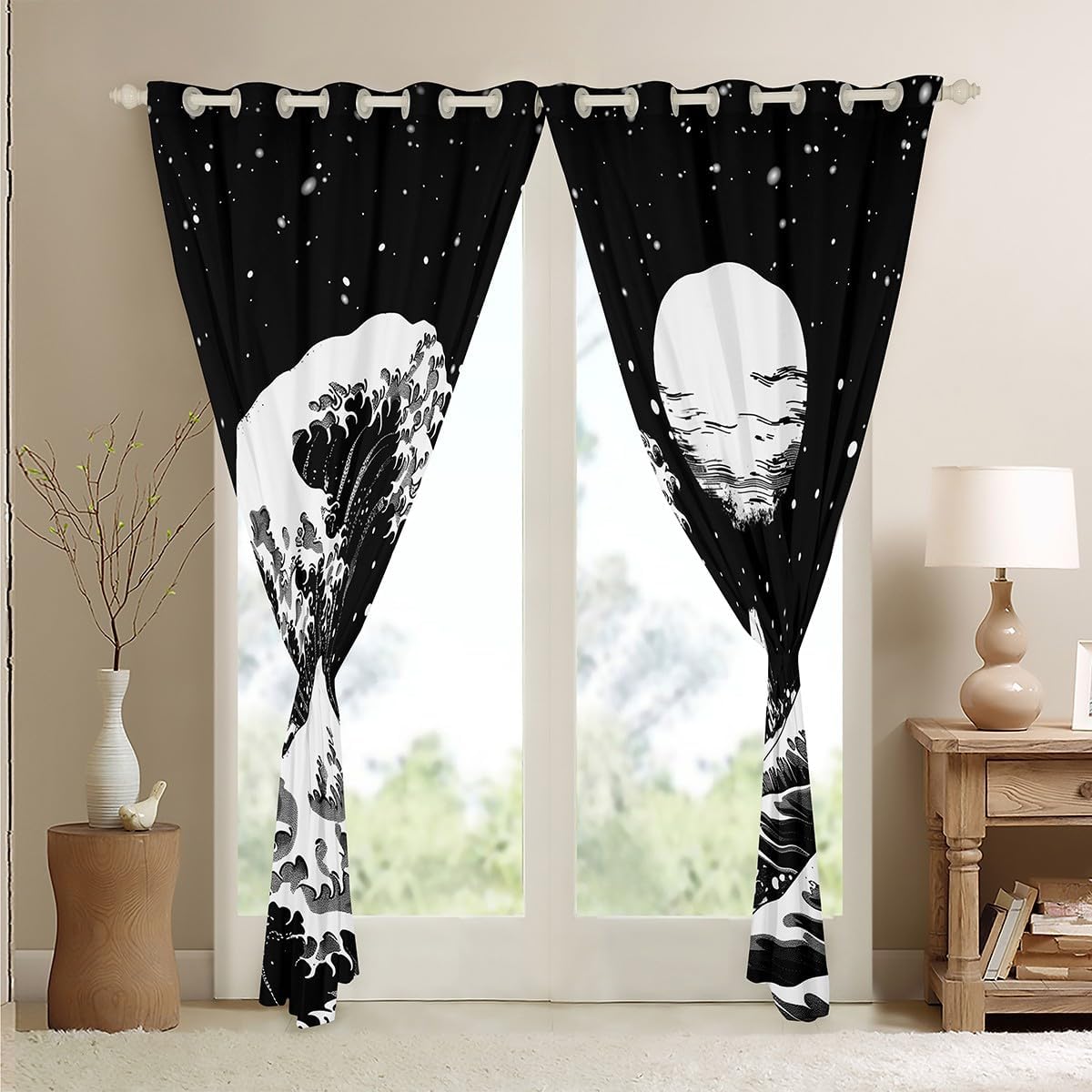 Feelyou Japanese Wave Curtains for Bedroom Living Room (2 Panels, 38 x 45 Inch) Ocean Wave Blackout Curtains Galaxy Outer Space Japanese-Style Darkening Drapes Sunset Window Treatments