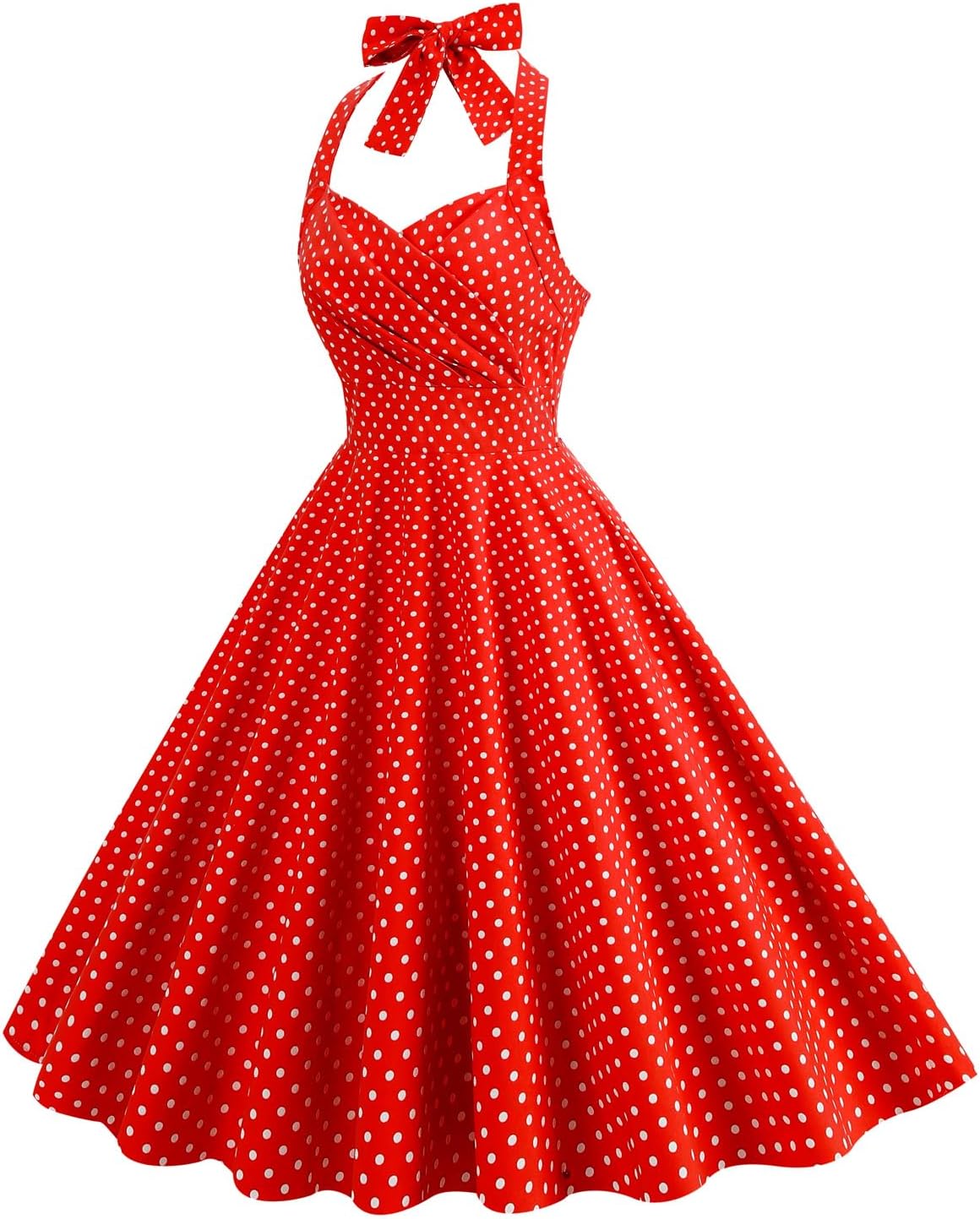 IWEMEK 1950s Dress for Women Pinup 50s Red Polka Dot 1940s Rockabilly Halter Bowknot 50's Dresses Vintage Audrey Hepburn with Pockets Red-Ruched L - Image 2