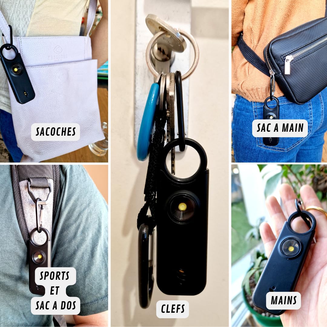 Alarme Personnelle Femme 135 DB Ultra Puissante, Kit Sécurité Auto Défense, Sifflet Urgence + Détecteur Porte/Fenêtre, Rechargeable USB-C avec Lampe LED, Noir