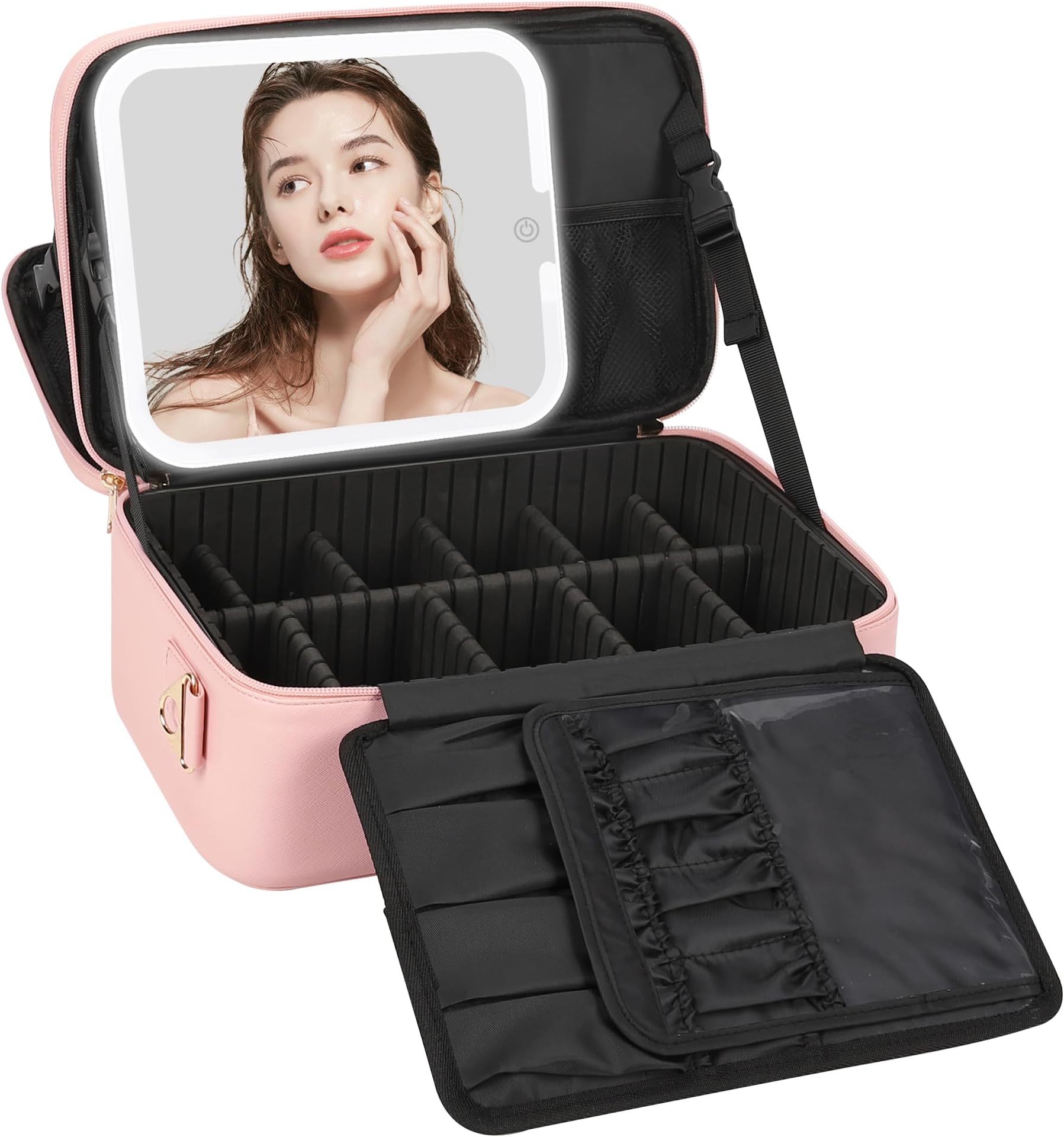 Relavel Makeup Train Case With LED Mirror, Professional Travel Cosmetic Bag with Removable Partitions, 2-Layer Makeup Bag, 3 Color Brightness Makeup Organizer, Rechargeable Vanity for Women, Pink