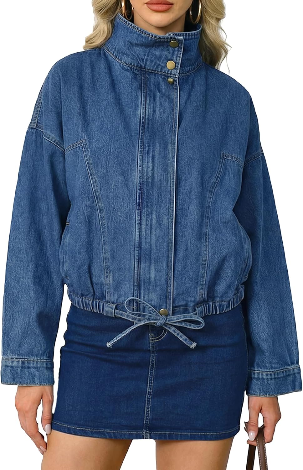 Ladyful Women's Oversized Jean Jacket Boyfriend Denim Bomber Jackets Shacket Long Sleeve Casual Trendy Zip Up Shirt Coat