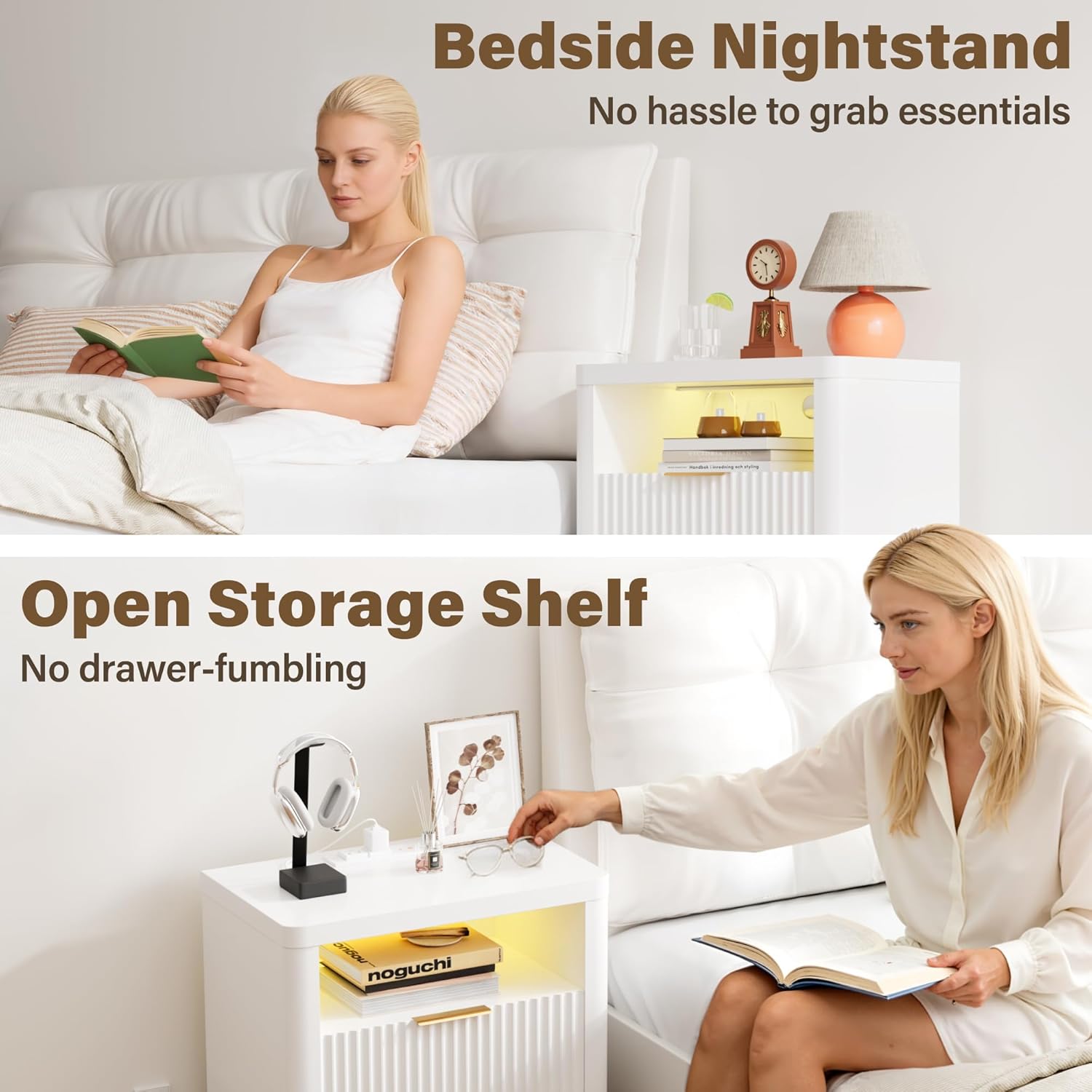 YESHOMY Fluted Nightstands Set of 2 with Charging Station,24" Night Stand with 2 Drawers and Storage Shelf,RGB LED Lighting,Arc Edge Fluted Bedside Table for Bedroom,Pure White