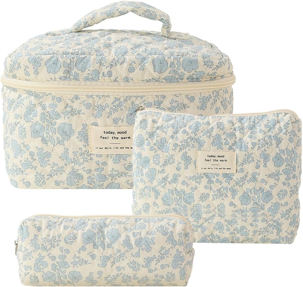 3Pcs Coquette Makeup Bag - Quilted Cosmetic Bag Large Make Up Bag Set Aesthetic Floral Toiletry Bag Cotton Travel Skincare Bag for Women Ladies Girls (Style B1)