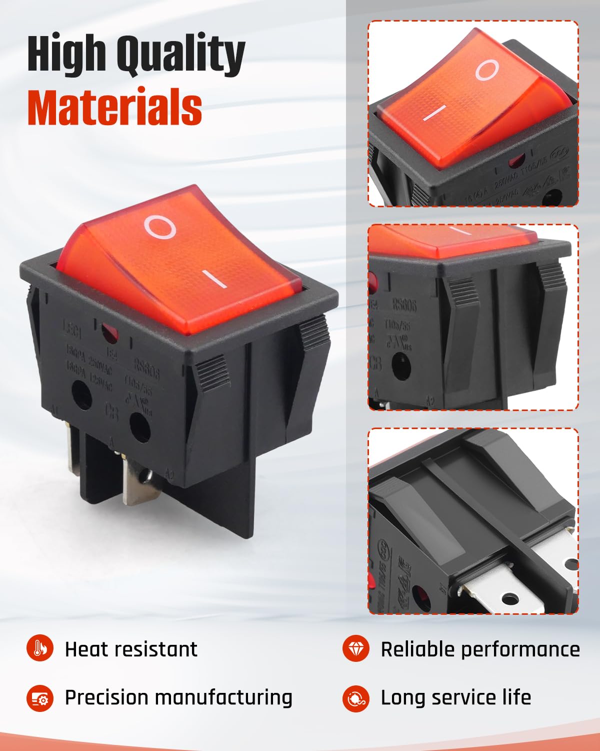 2PCS RS606 Rocker Switch with Red Indicator Light, 4-Pin 2-Position Power Switch, 16A 250VAC / 125VAC 16(4) A, T105/T85 Rated, Fit for LE-CI Rocker Switch Panels