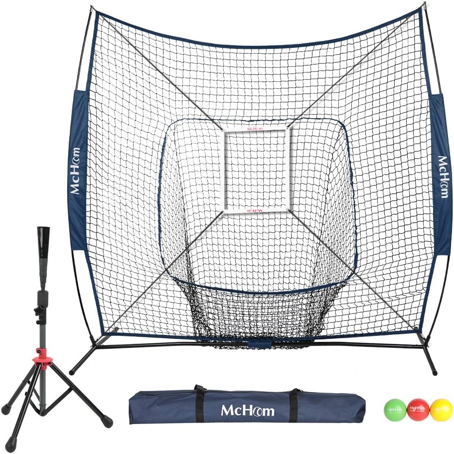 McHom 7' x 7' Baseball & Softball Practice Net Set with Travel Tee, 3 Weighted Balls & Strike Zone for Hitting, Pitching, Batting & Fielding Practice | Collapsible and Portable