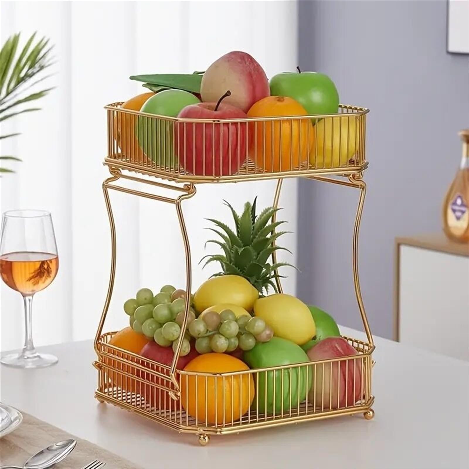 Cesta de frutas de metal de 2 niveles, organizador de cocina para frutas, verduras, pan y aperitivos, solución de almacenamiento de encimera para el hogar