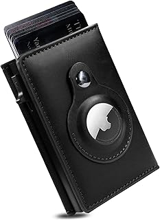 Upgraded Leather Airtag Wallet with Airtag Holder, Minimalist Apple AirTag Wallet Men with ID Window for RFID Blocking, Slim Smart Pop Up Credit Card Holder Wallet with Airtag Slot