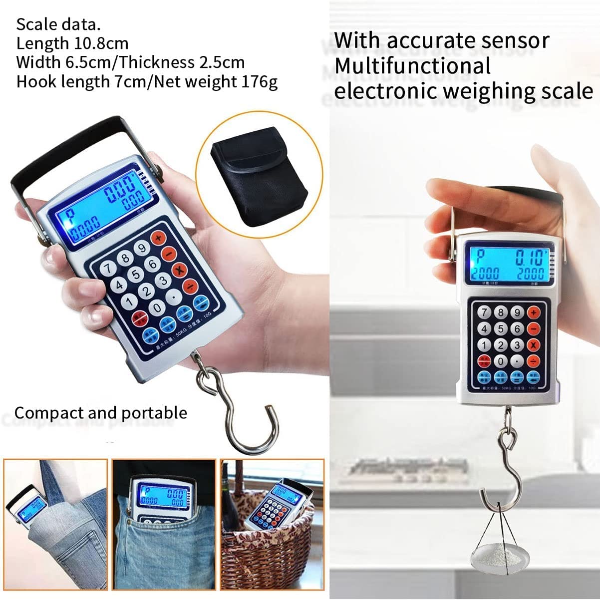 Digital Luggage Scales, Mini Electronic Scale 50Kg/10g Portable Fishing Scales Hanging Digital Scale with LCD Display for Home Kitchen Farm Market