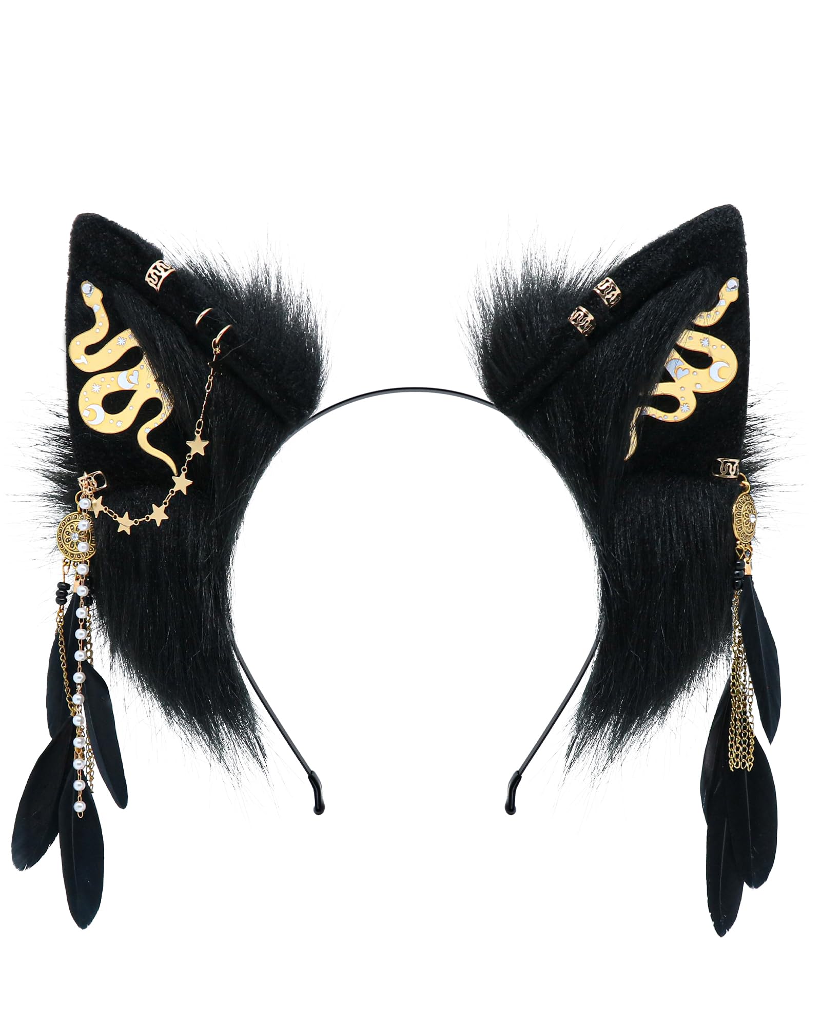 BNLIDES Handmade Furry Animal Ears Headwear Realistic Plush Adult Cosplay Accessory for Party, Anime and Convention Dress-Up (Quetzalcoatl Black)