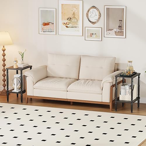 Vista 7 de LUCKNOCK Mesa auxiliar vintage, mesa auxiliar pequeña de 2 niveles con estante de almacenamiento, mesita de noche estrecha para espacios pequeños