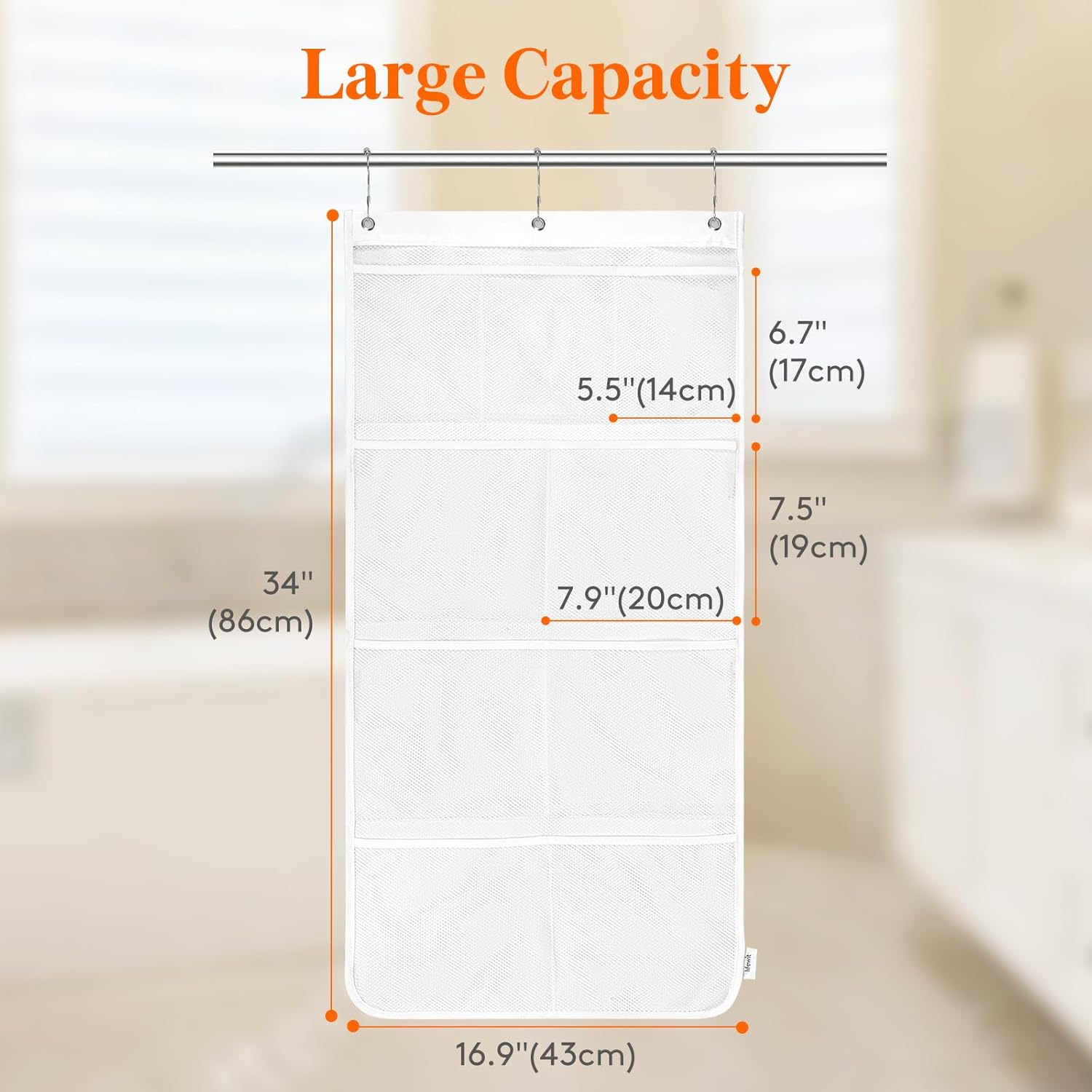 lifewit mesh shower caddy, 9 pockets hanging shower organizer with quick drying mesh, portable space saving bathroom organizer to hold soap, shampoo and cruise ship essentials, white, large - 1 pack 1 17" x 34"