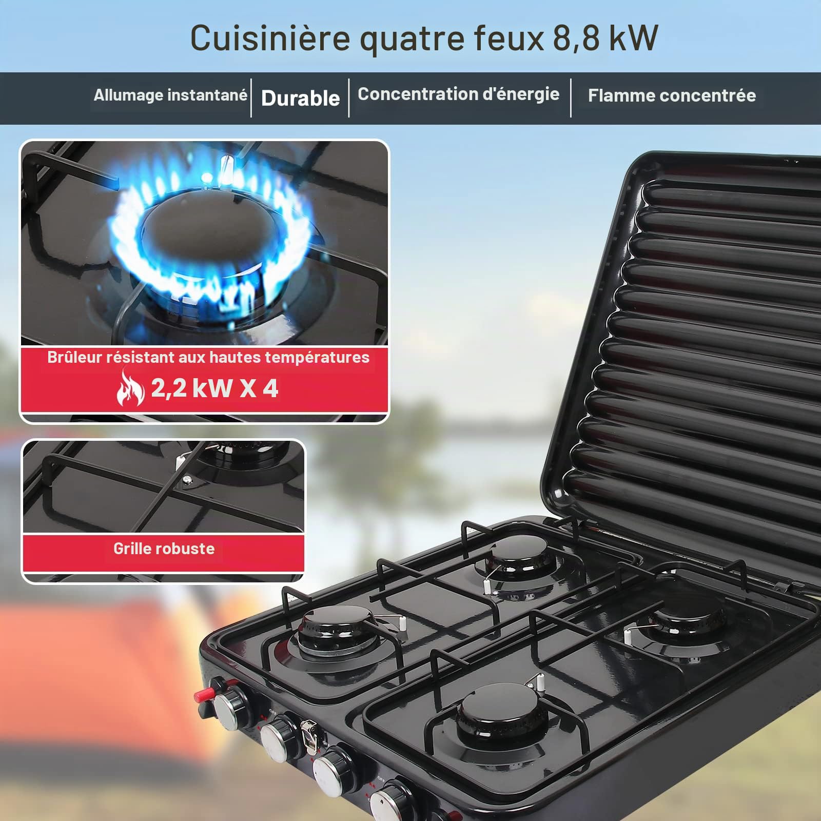8.8KW Réchaud Gaz 4 Feux, Réchaud à Gaz de Camping Portable Avec Allumage Piezo et Régulateur, Réchaud de Camping Réchaud Extérieur pour Cuisine Plein Randonnée Camping Pêche Pique Nique (Pur Noir)