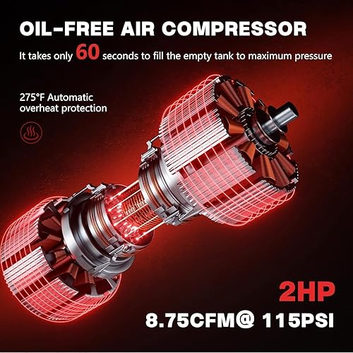 Miniatura 3 de Compresor de aire ultra silencioso de 10 galones con dos acopladores rápidos, 2HP 8.76 CFM 115PSI, tanque de compresor de aire sin aceite, compresor