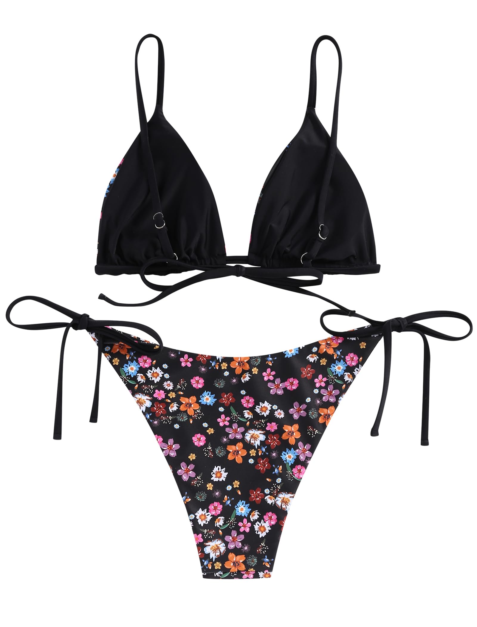 ZAFUL Women's Triangle Bikini Floral String Bikini Set Two Piece Swimsuit Bathing Suits: 2-black Flower Medium