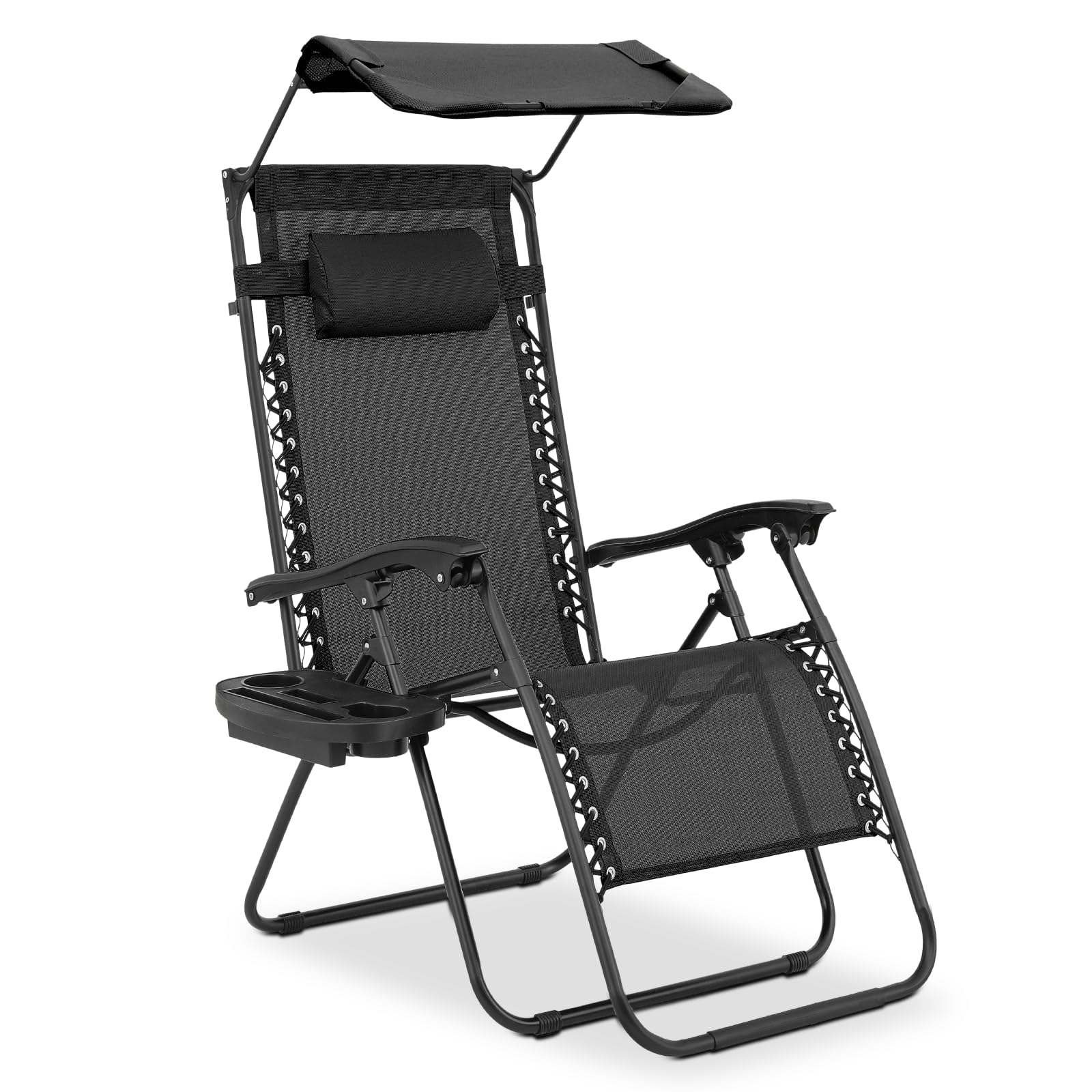 MoNiBloom Zero Gravity Chair with Canopy Shade, Patio Anti Gravity Recliner, Foldable Outdoor Lounger with Cup Holder Tray and Headrest for Beach Camping, Black