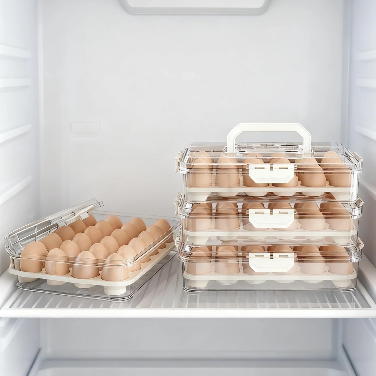 24 Egg Holder for Fridge, Stackable Clear Plastic Carrier with Lid and Handle, 11.1x4.1x3.1 in Tray