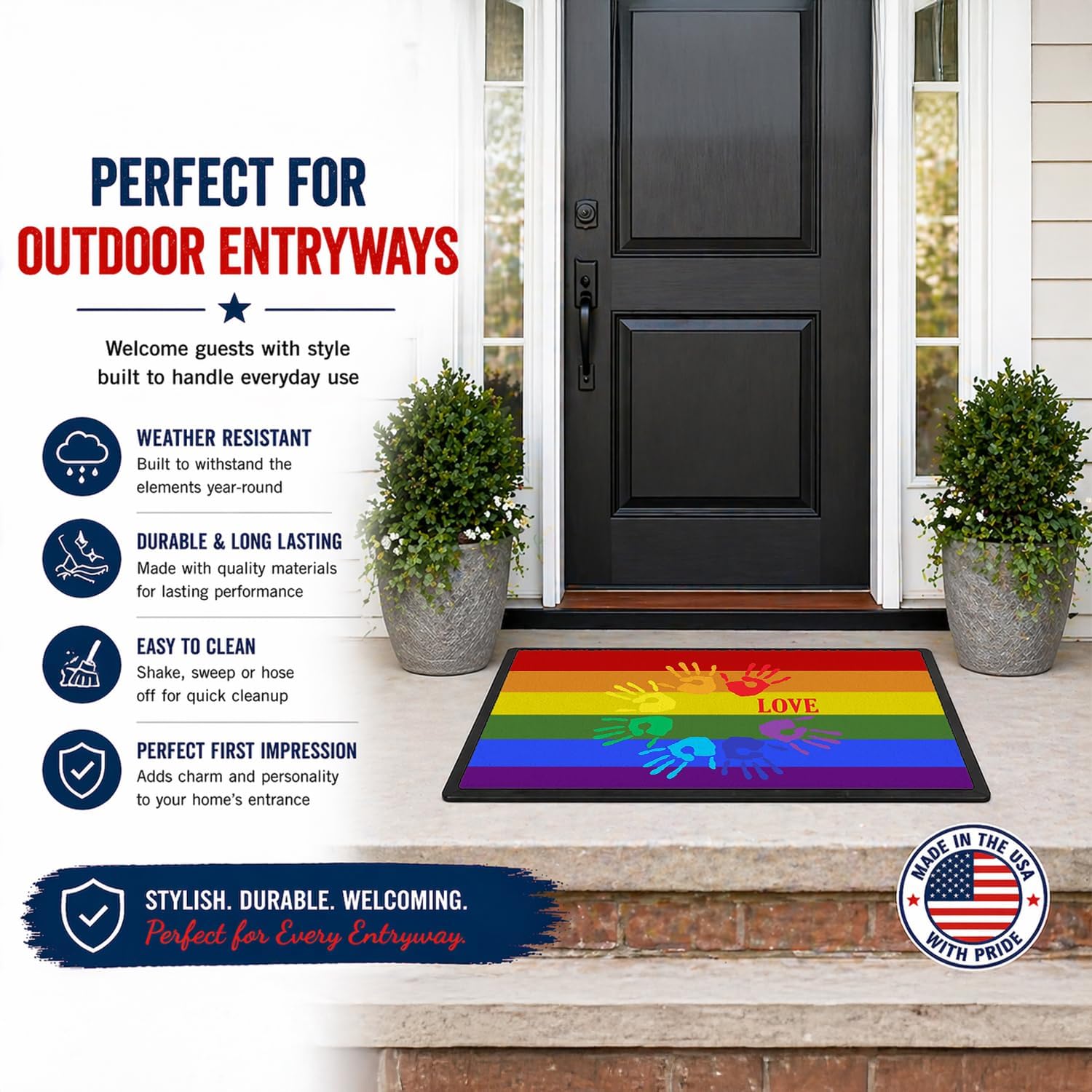 Caroline's Treasures CK8021JMAT Gay Pride Love Hands Doormat 24x36 Front Door Mat Indoor Outdoor Rugs for Entryway, Non Slip Washable Low Pile, 24H X 36W