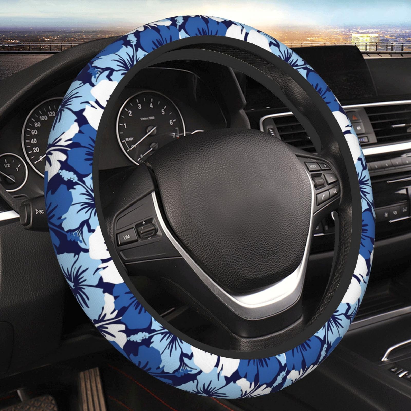 Blue Hawaiian Flowers Auto Car Steering Wheel Cover Universal 15 Inch, Cute Floral Neoprene Interior Decor Protection Soft Elastic Comfortable