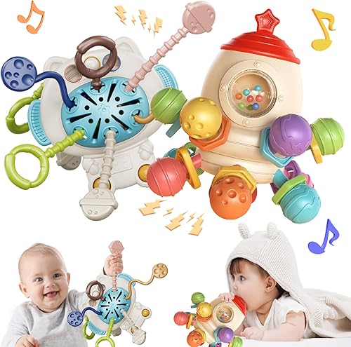 VATOS Juguetes Montessori 2 en 1 para bebés de 3 a 6 meses, juguetes de cuerda de silicona de grado alimenticio y bola de agarre de mano, juguete de