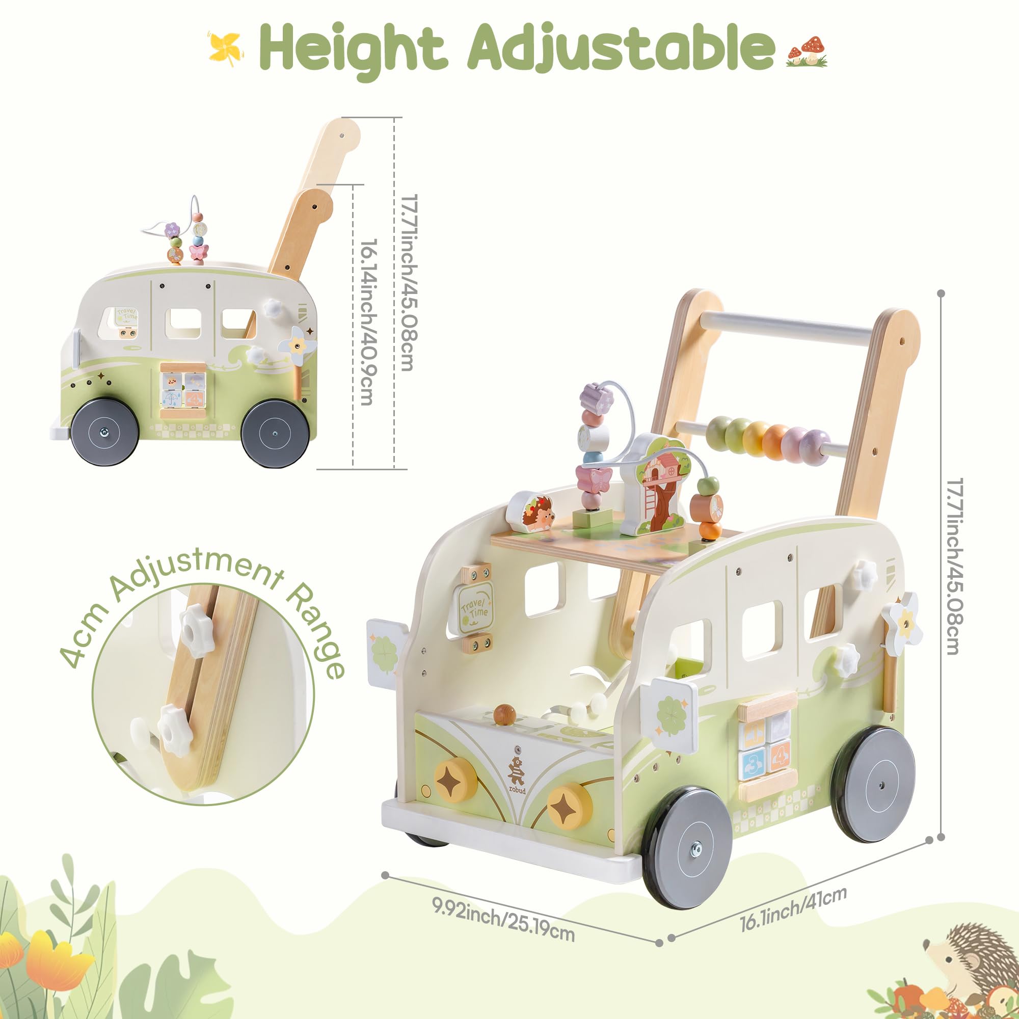 ROBUD Trotteur en bois - Vitesse et hauteur réglables - Aide à la marche pour bébé - Jouet éducatif - Cadeau pour garçons et filles à partir de 10 mois - 1-2 ans - Vert