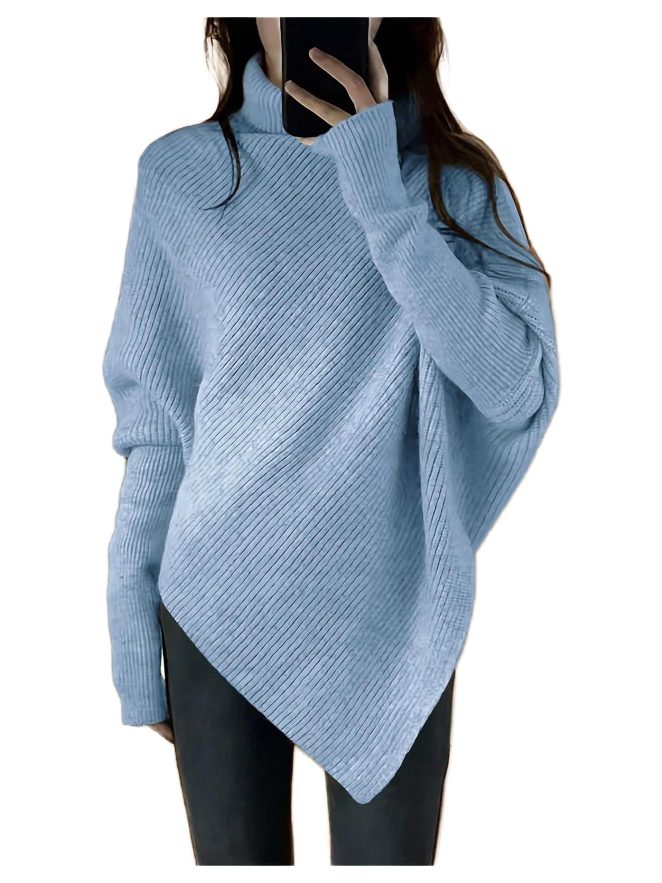 Milumia Womens Turtleneck Poncho Sweaters Asymmetrical Ribbed Sweater Dolman Loose Pullover Knit Tops