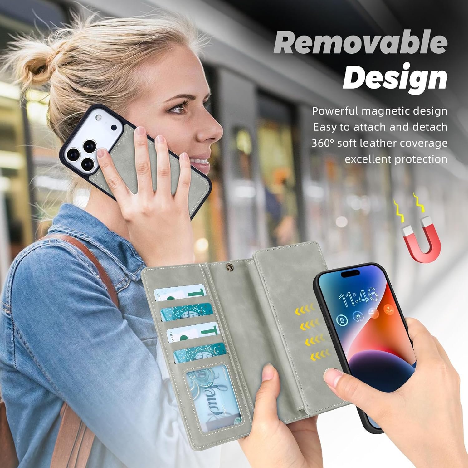 TwoHead Wallet Case Compatible with iPhone 17 Pro,Detachable,Magnetic,11 Cards Holder,PU Leather All-Round Protective Phone Case with Change Pocket(6.3 in,Gray)